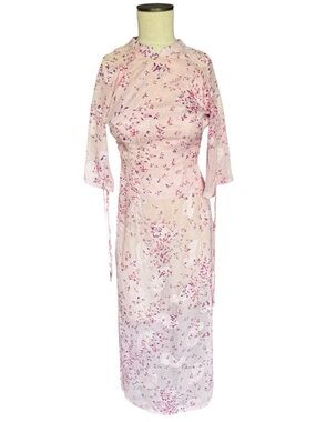 The Kat Vietnamese Ao Dai Chiffon Long Petal Pink Floral Tunic-No Pants Sz S-XS